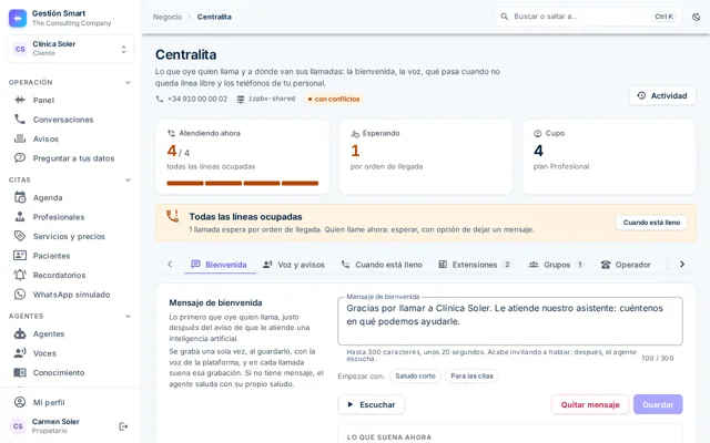 Pantalla de la centralita con las líneas ocupadas, el mensaje de bienvenida y las pestañas de extensiones y grupos