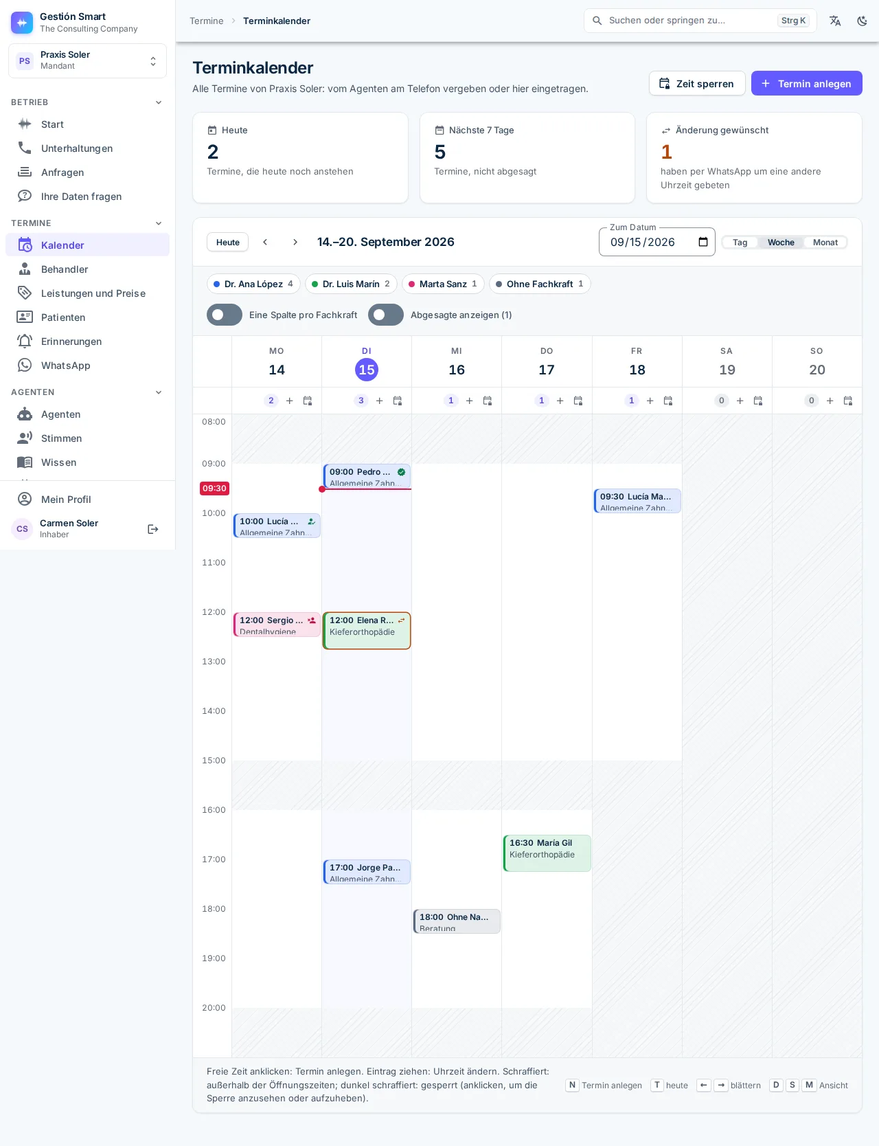 Kalender im Panel mit einer Spalte pro Fachkraft und den Terminen des Tages nach Uhrzeit angeordnet.