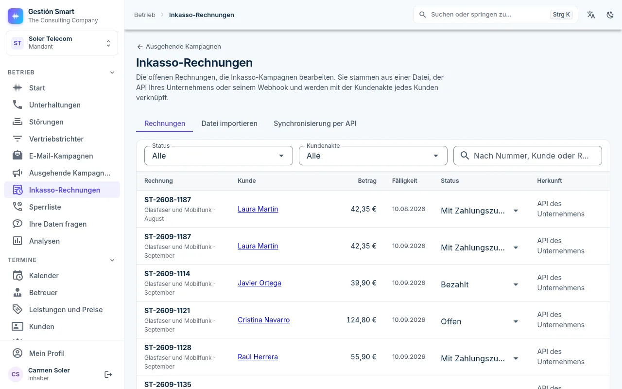 Inkasso-Rechnungen im Panel: Nummer, Kunde, Betrag, Fälligkeit, Status und Herkunft jeder Rechnung.