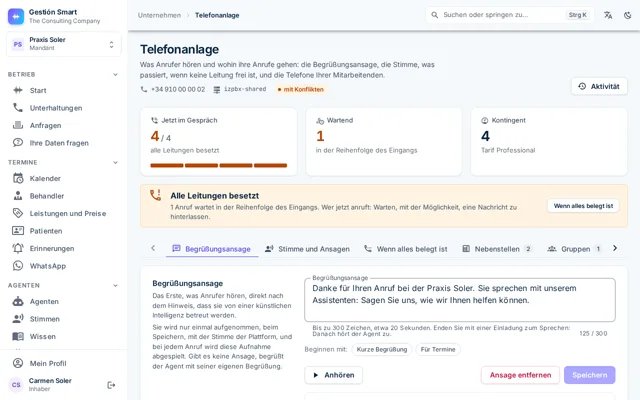 Seite Telefonanlage mit den belegten Leitungen, der Begrüßungsansage und den Reitern Nebenstellen und Gruppen