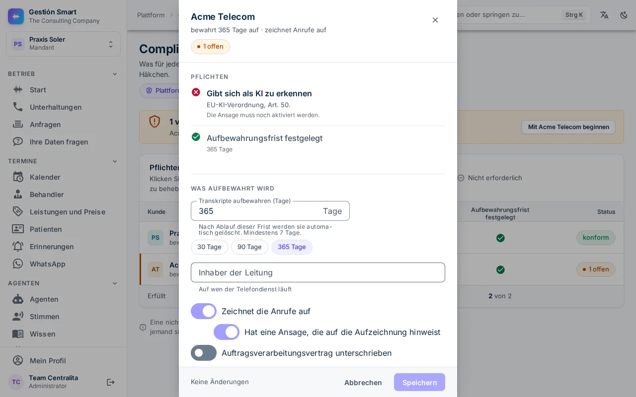 Compliance-Ansicht des Panels: der KI-Hinweis als verpflichtend markiert, die Aufbewahrungsfrist auf 365 Tage gesetzt und die Schalter für Aufzeichnung und Auftragsverarbeitungsvertrag.