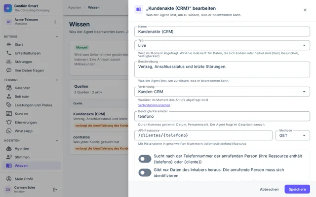 Editor einer Live-Quelle mit ihren Parametern, der API-Ressource und den Bedingungen für die Herausgabe der Daten