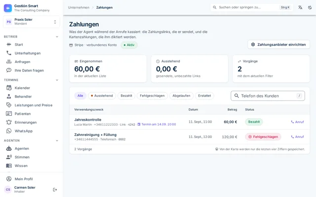 Seite Zahlungen mit dem kassierten Betrag, den offenen Links und dem Status jedes Vorgangs