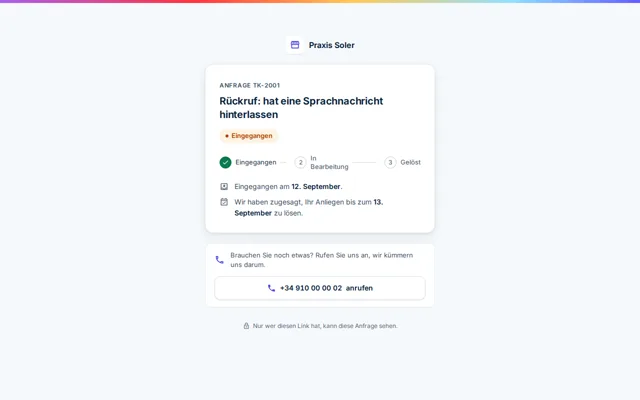 Öffentliche Seite einer Anfrage mit ihrer Referenz, dem Status eingegangen, in Bearbeitung oder gelöst und dem zugesagten Datum