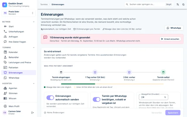 Seite Erinnerungen mit den Erinnerungen zu jedem Termin, ihrer Versandzeit und ihrem Status