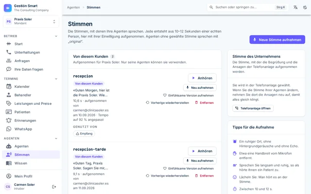 Seite Stimmen mit den Aufnahmen des Unternehmens, ihrer Dauer und wer sie aufgenommen hat