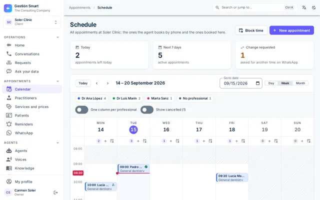 Weekly calendar in the panel, from Monday to Sunday, with the filter by professional at the top and the booked hours placed on their day.