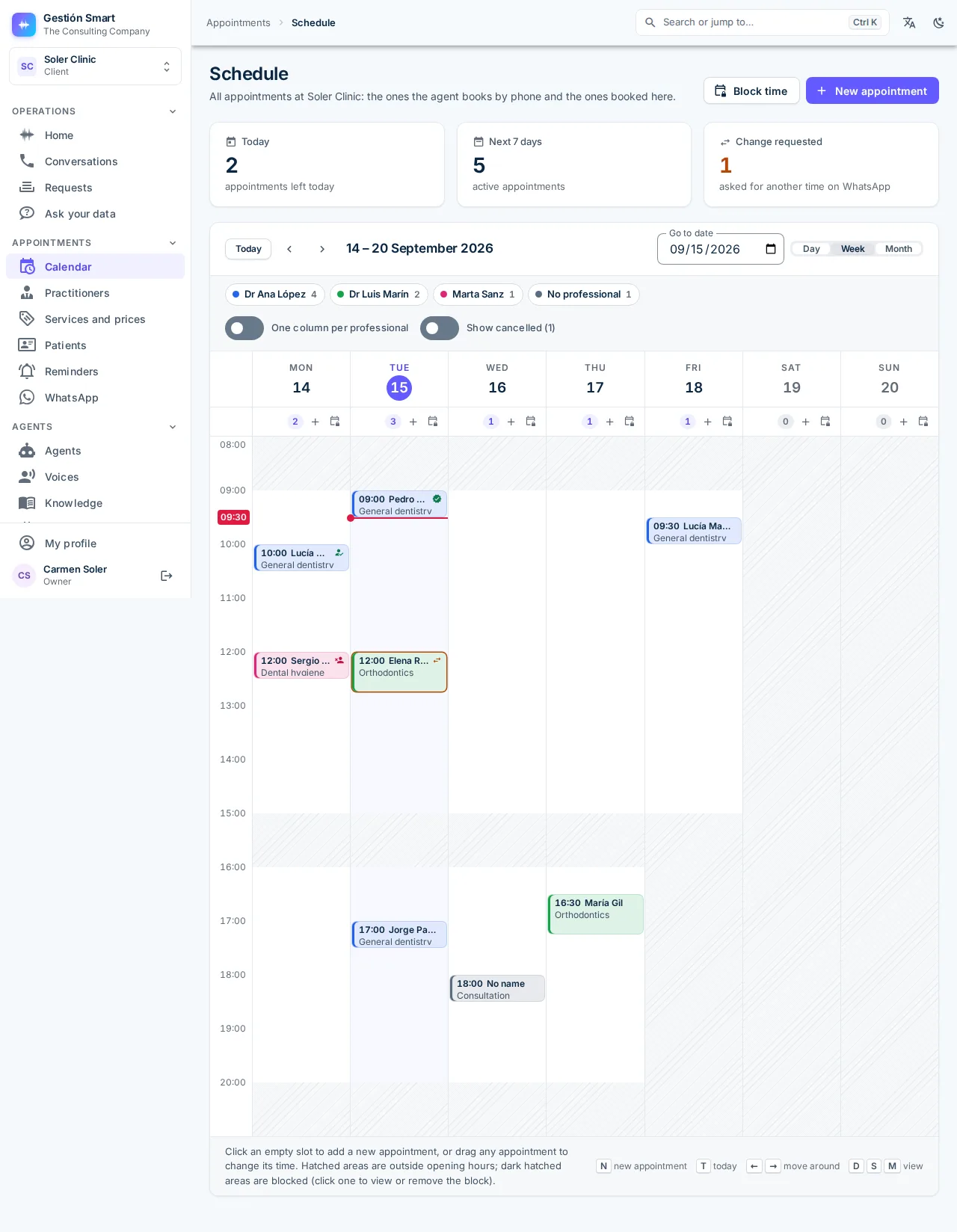 Panel calendar with one column per professional and the day’s appointments laid out by the hour.