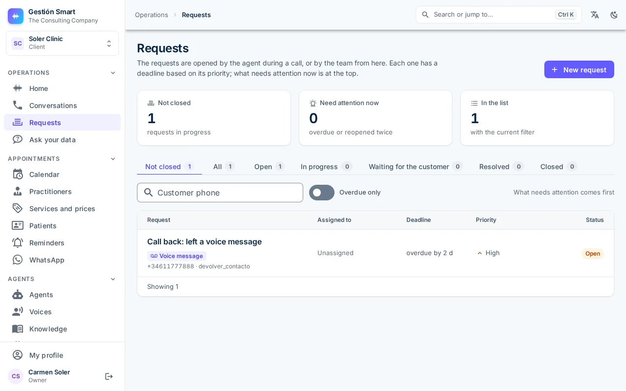 Panel requests inbox with the priority, assignee and committed date of each request.