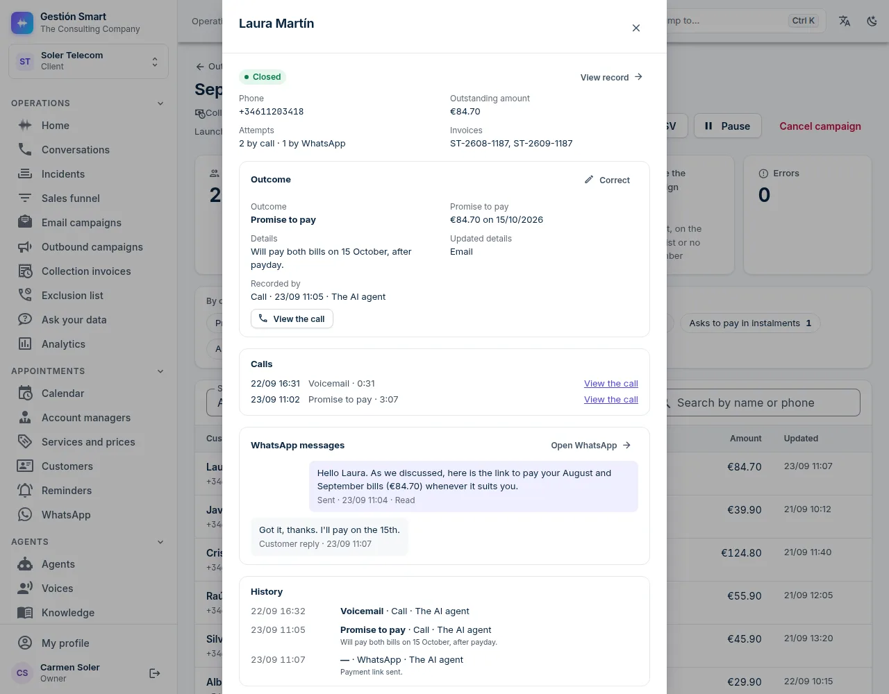 Details of a campaign contact: the outcome with the promise to pay, their invoices, the call, the WhatsApp message with the payment link and the history.