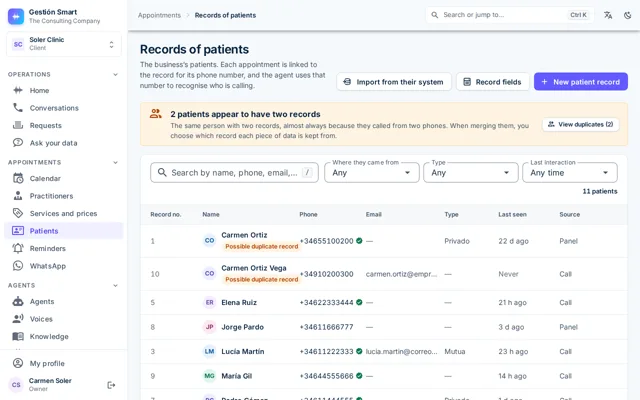 Panel customer list with phone numbers, latest appointments and duplicates flagged
