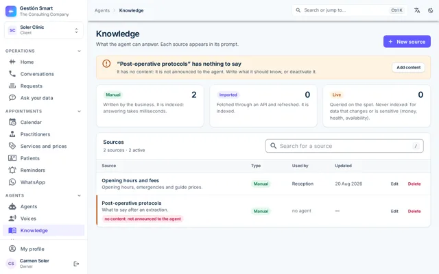 Knowledge screen with the sources the agent can read and their status
