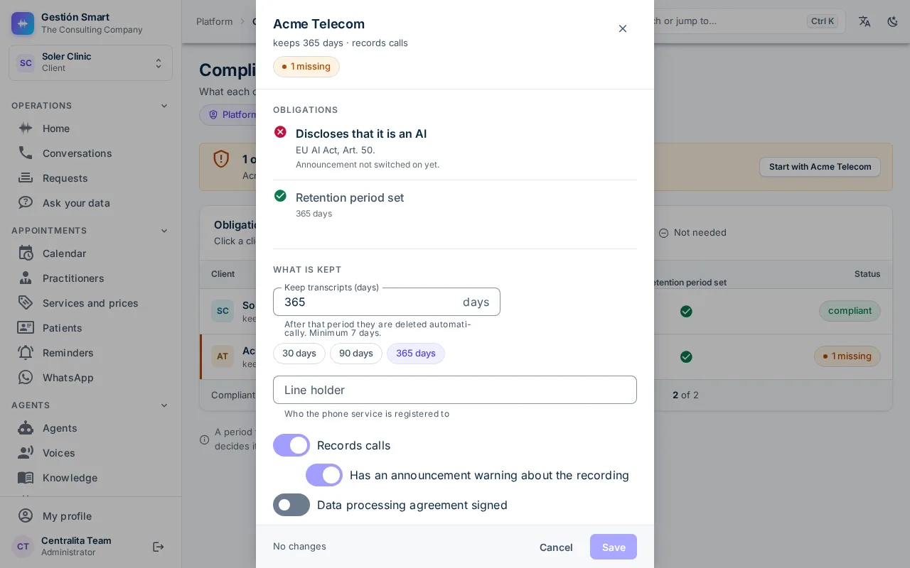 Panel Compliance screen: the AI notice marked as mandatory, the retention period set to 365 days and the switches for recording and the data processing agreement.