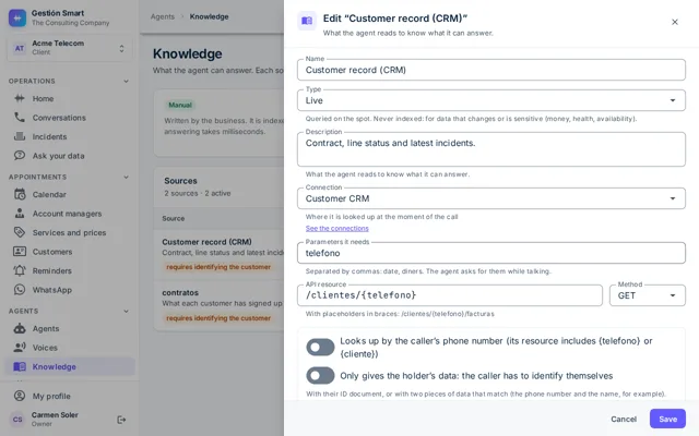 Editor for a live source with its parameters, the API resource and the conditions for giving out the data