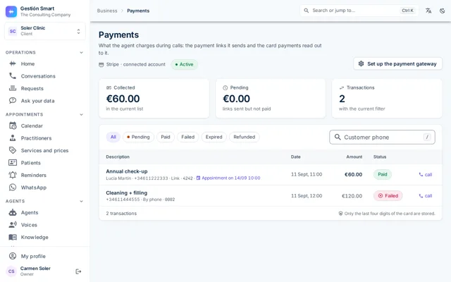 Payments screen with the amount collected, the pending links and the status of each transaction