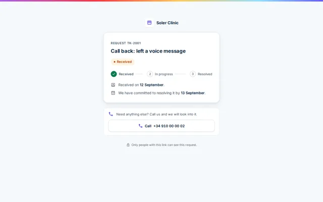 Public page for a request with its reference, the status (received, in progress or resolved) and the committed date