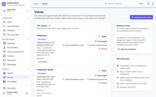 Voices screen with the business’s recordings, their length and who recorded them