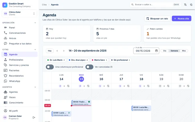 Cuadro semanal del panel, de lunes a domingo, con los filtros arriba y las reservas colocadas en su día y su hora.