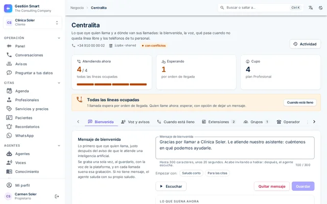 Pantalla de la centralita con las líneas ocupadas, el mensaje de bienvenida y las pestañas de extensiones y grupos