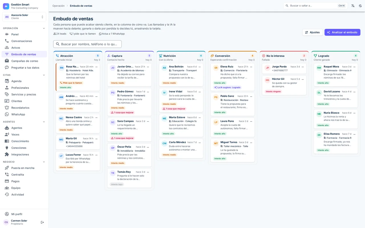 Embudo de ventas del panel de Gestión Smart: seis columnas con los leads de una asesoría, cada uno con su negocio, lo que quiere, su interés y si pide que le llamen.