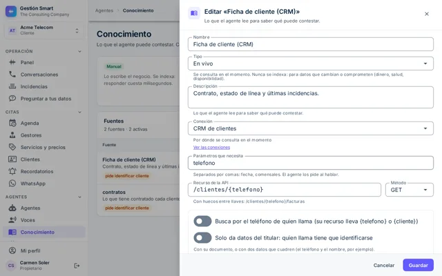 Editor de una fuente en vivo con sus parámetros, el recurso de la API y las condiciones para dar los datos