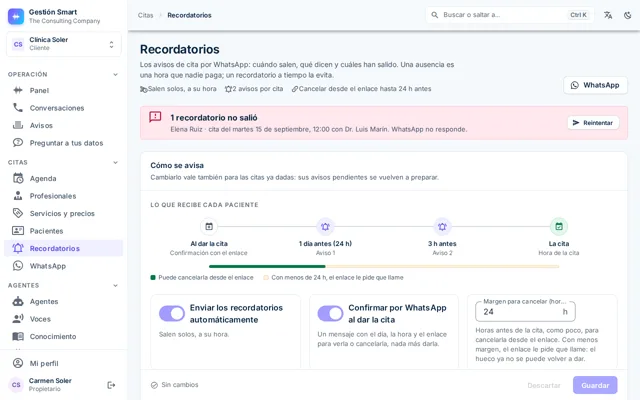 Pantalla de recordatorios con los avisos de cada cita, su hora de salida y su estado
