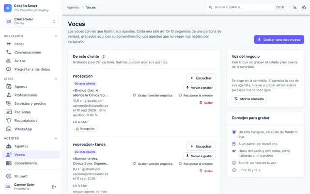 Pantalla de voces con las grabaciones del negocio, su duración y quién las grabó
