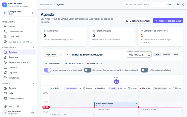 Agenda du panneau avec une colonne par professionnel et les rendez-vous répartis par heure