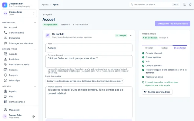 Écran de configuration d’un agent, avec son script, sa voix et ses sources de connaissances