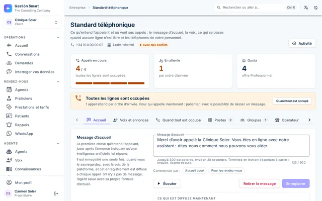 Écran du standard avec les lignes occupées, le message d’accueil et les onglets Postes et Groupes