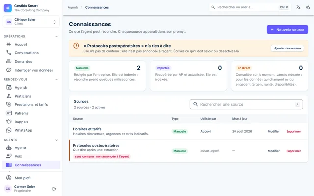 Écran Connaissances avec les sources que l’agent peut lire et leur état