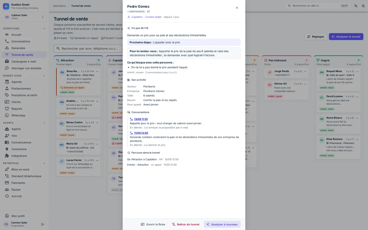 Détail d’un lead dans le panneau : ce que dit l’IA, la prochaine étape, ce qu’il faut préparer pour le rendez-vous et ce qu’il a dit de son activité.