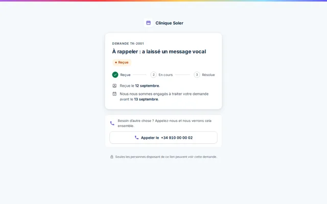 Page publique d’une demande avec sa référence, le statut reçue, en cours ou résolue et la date d’engagement