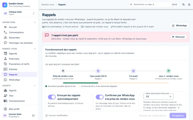 Écran Rappels avec les messages de chaque rendez-vous, leur heure d’envoi et leur statut