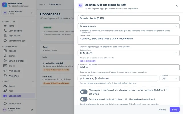 Editor di una fonte in tempo reale con i suoi parametri, la risorsa dell’API e le condizioni per fornire i dati