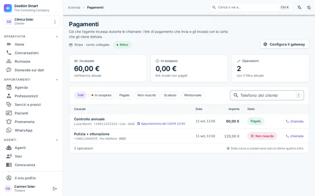 Schermata Pagamenti con l’importo incassato, i link in sospeso e lo stato di ogni operazione