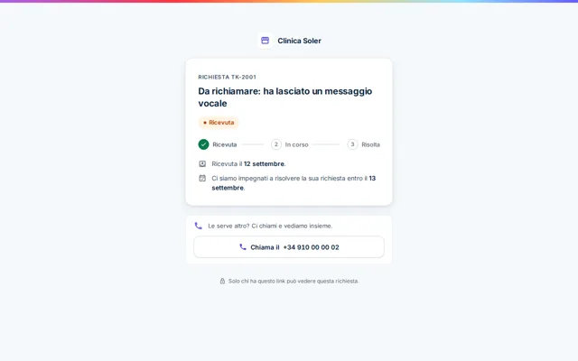 Pagina pubblica di una richiesta con il riferimento, lo stato ricevuta, in corso o risolta e la data promessa