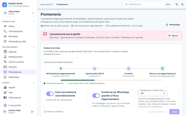Schermata Promemoria con i messaggi di ogni appuntamento, l’ora di invio e lo stato