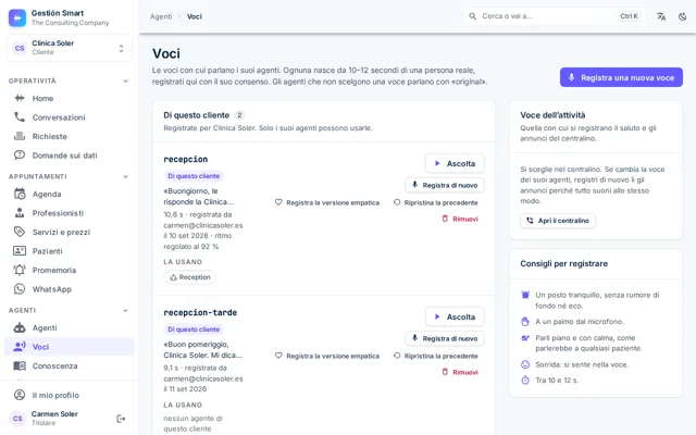 Schermata Voci con le registrazioni dell’attività, la loro durata e chi le ha registrate