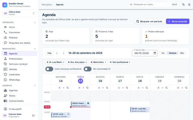Quadro semanal do painel, de segunda-feira a domingo, com os filtros em cima e as reservas colocadas no respetivo dia e hora.
