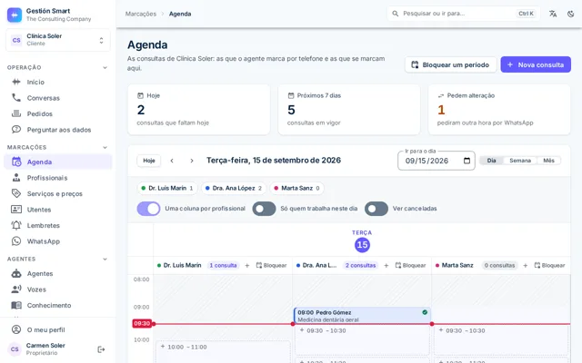 Agenda do painel com uma coluna por profissional e as marcações distribuídas por horas