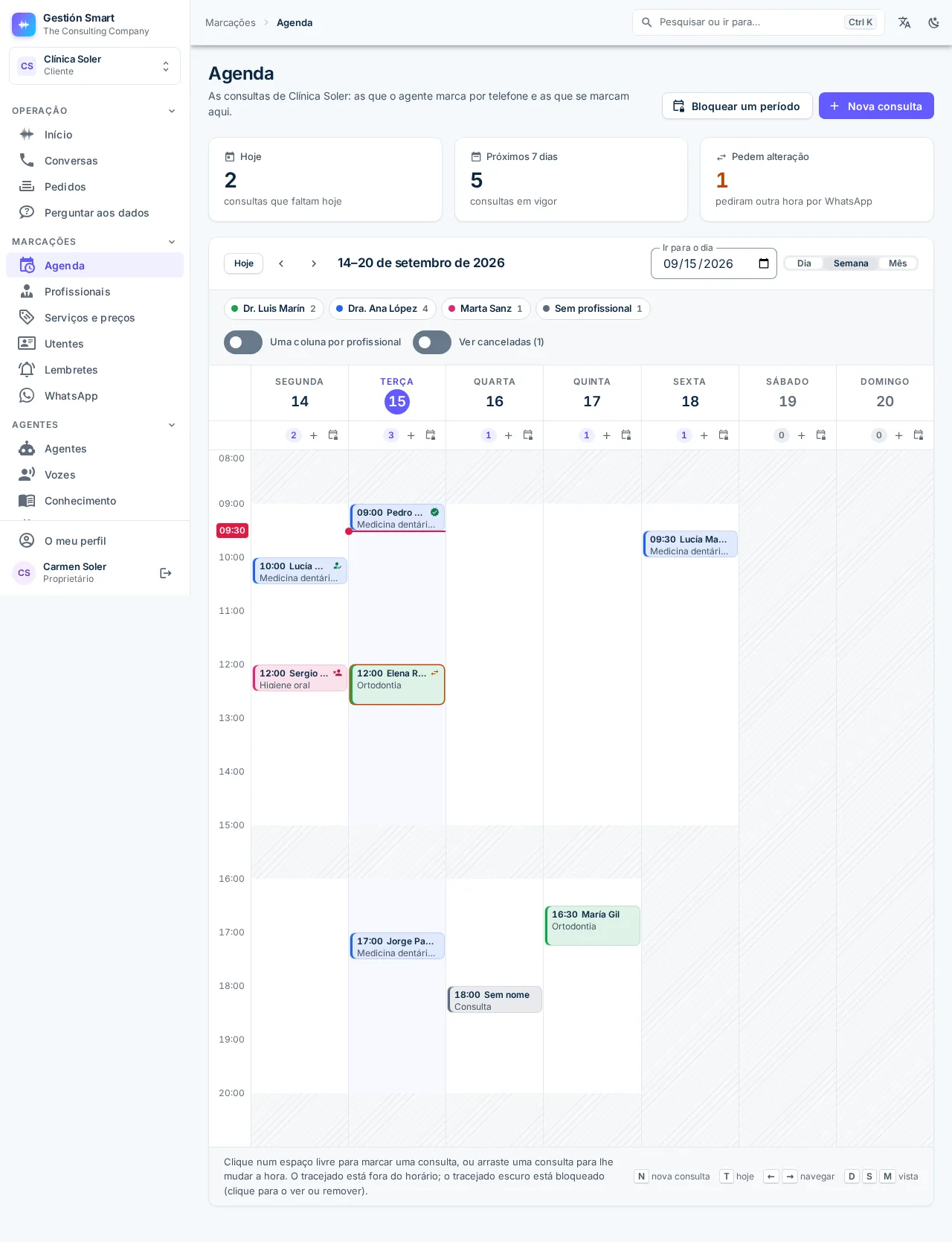 Agenda do painel com uma coluna por profissional e as marcações do dia distribuídas por horas.