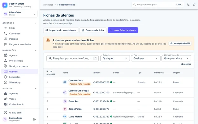 Lista de clientes do painel com os telefones, as últimas marcações e os duplicados assinalados