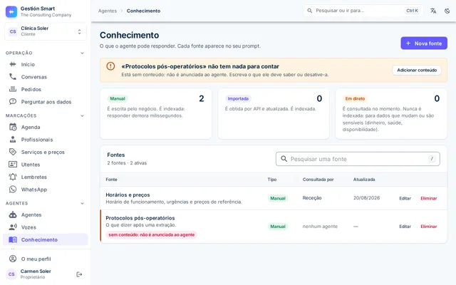 Ecrã de conhecimento com as fontes que o agente pode ler e o respetivo estado