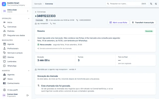 Ficha de uma conversa no painel: duração, número de turnos, tom no final e a transcrição da chamada