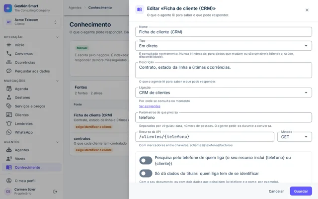 Editor de uma fonte em direto com os parâmetros, o recurso da API e as condições para dar os dados