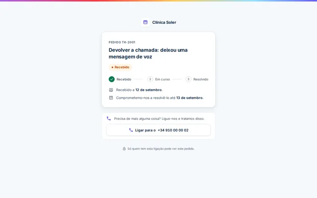Página pública de um pedido com a referência, o estado recebido, em curso ou resolvido e a data de compromisso