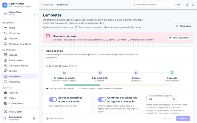 Ecrã de lembretes com os avisos de cada marcação, a hora de envio e o estado