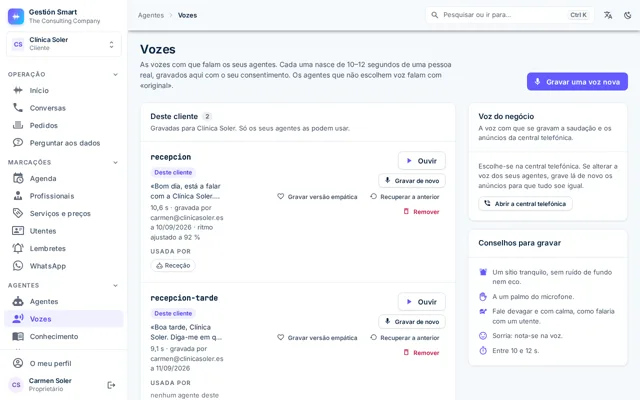 Ecrã de vozes com as gravações do negócio, a duração e quem as gravou