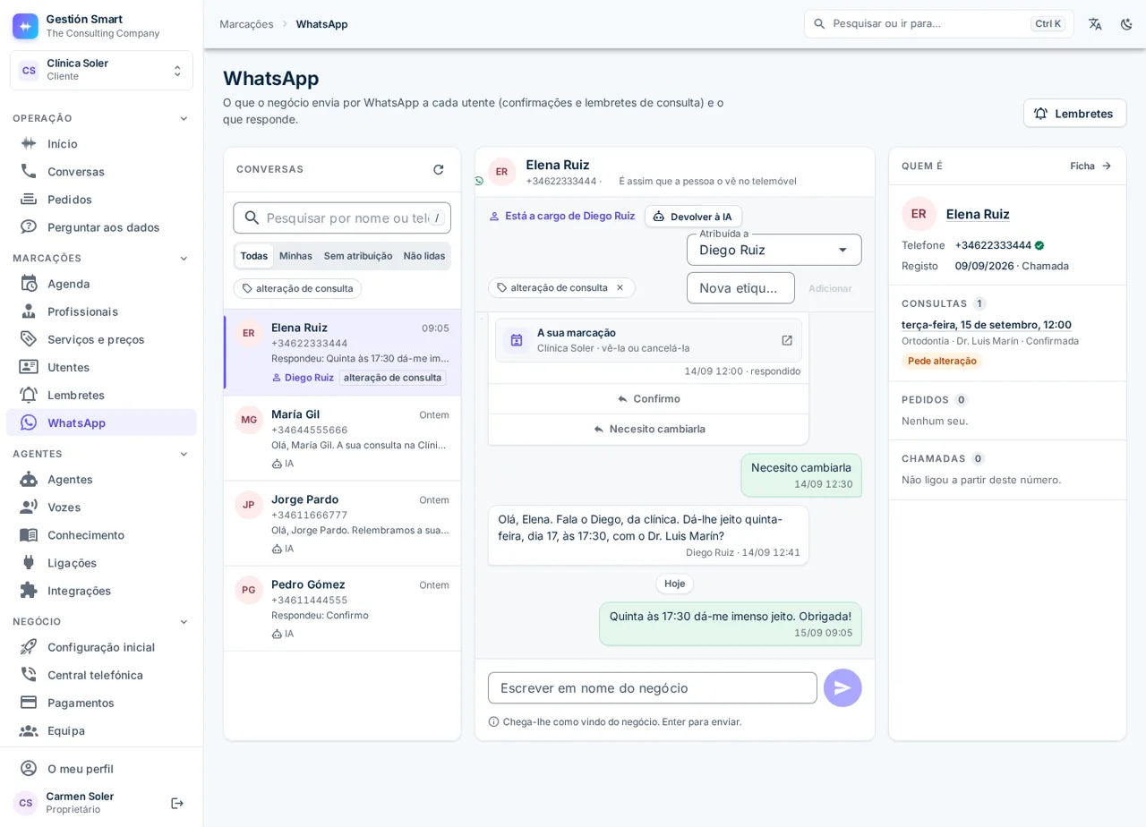 Caixa de entrada do WhatsApp no painel: a conversa com uma utente que pede para alterar a consulta, conduzida por uma pessoa da equipa, com a ficha dela ao lado.